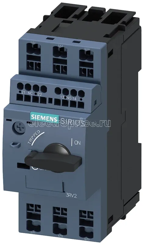Фото Выключатель автоматический для защиты электродвигателя типоразмер S00 класс 10 рег. расцепитель перегрузки 2.2... 3.2А уставка расцепителя макс. тока 42А пружинные клеммы Siemens 3RV20111DA25