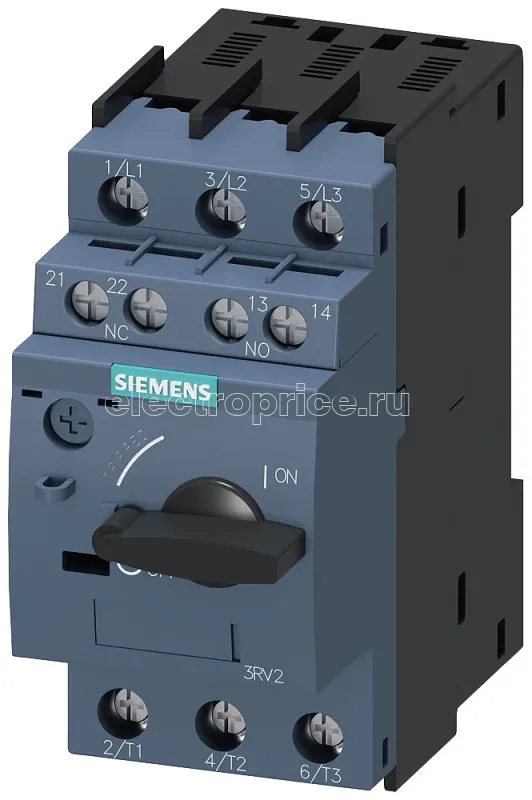 Фото Выключатель автоматический для защиты электродвигателя типоразмер S00 класс 10 1.4...2А уставка расцепителя максимального тока 26А винт. клеммы стандартн. коммутац. стойкость с фронтальным блок-контактом 1NO+1NС Siemens 3RV20111BA150BA0