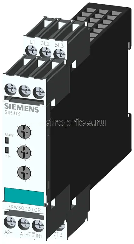 Фото Устройство плавного пуска ширина 22.5мм 3А 1.1кВт/400В параметры до 40град. номинальное рабочее напряжение 200-400В / UC 24-230В винтовые клеммы Siemens 3RW30031CB54