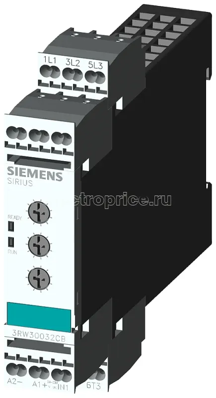 Фото Устройство плавного пуска ширина 22.5мм 3А 1.1кВт/400В параметры до 40град. номинальное рабочее напряжение 200-400В / UC 24-230В пружинные клеммы Siemens 3RW30032CB54