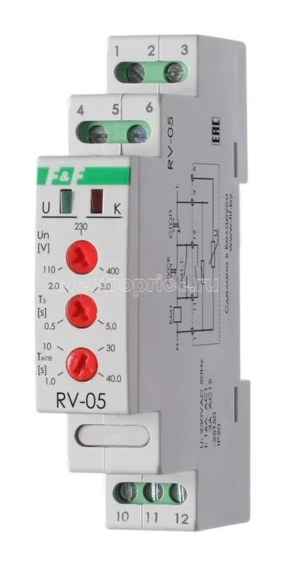 Фото Реле времени RV-05 для повторного запуска пускателей и контакторов при кратковременном отключении на время АПВ или АВР 1 модуль монтаж на DIN-рейке F&F EA02.001.033