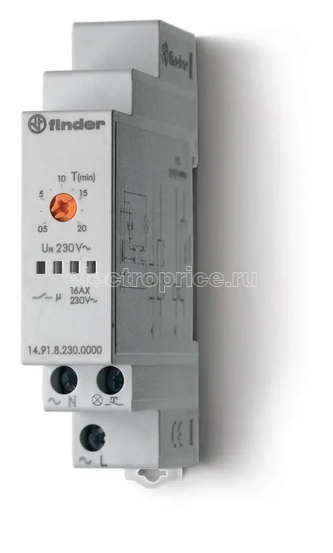 Фото Таймер модульный электронный лестничный 1-функциональный 1NO 16А 3-проводная схема 230В AC 17.5мм IP20 FINDER 149182300000
