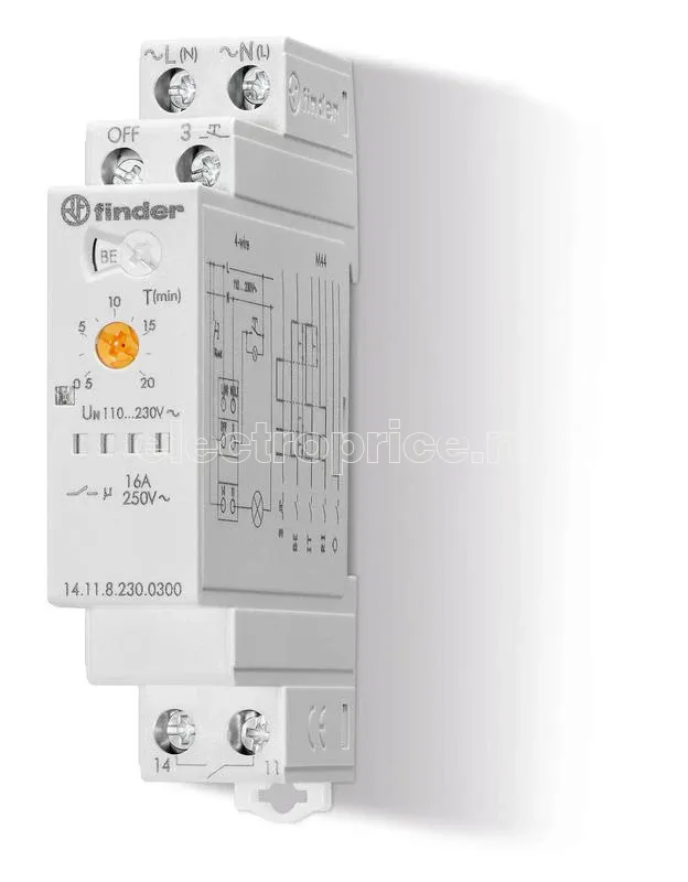 Фото Таймер модульный электронный лестничный мультифункциональный 1NO 16А (контакт без потенциала) 3- или 4-проводная схема 230В AC 17.5мм IP20 FINDER 141182300300