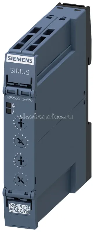 Фото Реле времени электронное импульсный сигнал с различной скважностью 1п контакт 15 диапазонов уставок времени 0.05с…100ч 12…240В AC/DC (AC при 50/60Гц) индикация светодиодами пруж. клеммы вставной Siemens 3RP25552AW30
