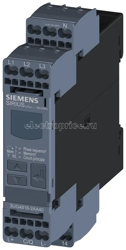 Фото Реле контроля цифровое для 3ф напряжения с нейтральным проводом для IO-Link AC 50-60Гц 3X 160-690В чередование фаз выпадение фазы гистерезис 1-20В время задержки срабатывания 1 перекл. контакт пруж. клеммы Siemens 3UG48162AA40