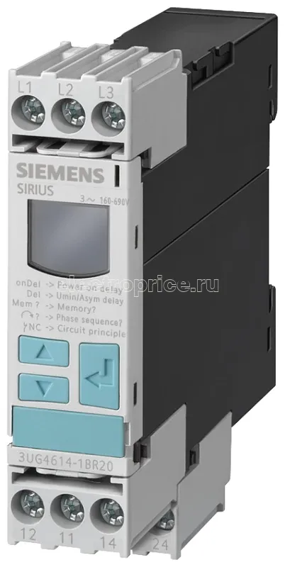 Фото Реле контроля несимметрии 0-20% сбой фазы отключения по умолчанию 3X 160 до 690В AC 50 до 60Гц 320В гистерезис по умолчанию 5% задержка вкл/выкл. по умолчанию 0.1s 2 перекидных контакта винт. клеммы Siemens 3UG46141BR280AA3