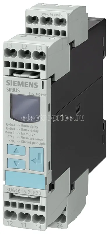 Фото Реле контроля чередования фаз 3X 360 до 520В AC 50 до 60Гц 2 перекидных контакта пружинное присоединение Siemens 3UG45112BP20