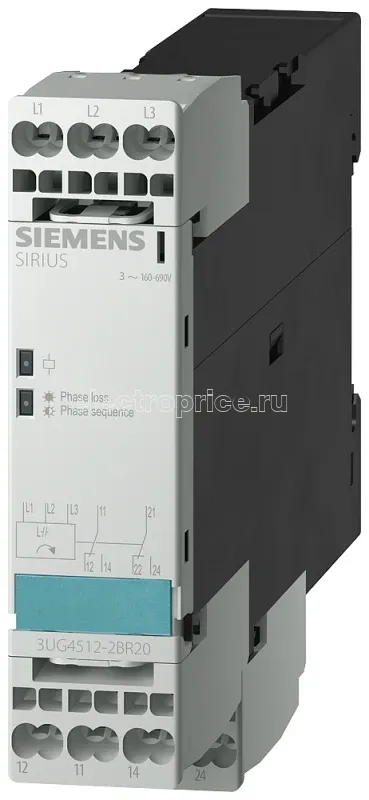 Фото Реле контроля выпадения фазы ичередования фаз 3X 160 до 690В AC 50 до 60Гц 2 перекидных контакта пружинное присоединение Siemens 3UG45122BR20
