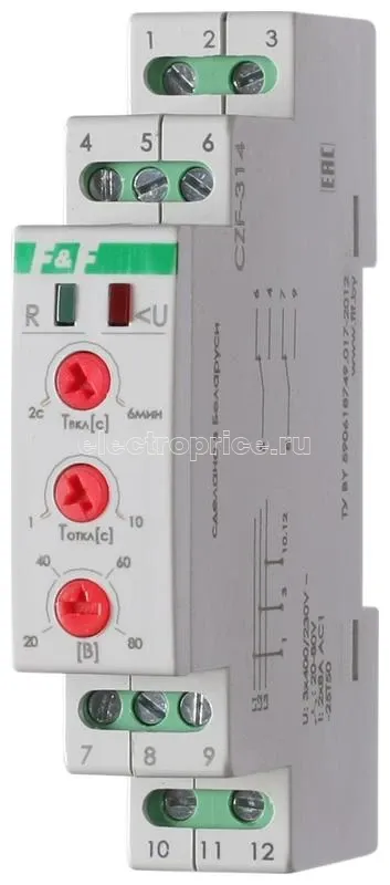 Фото Реле контроля и наличия фаз CZF-314 (монтаж на DIN-рейке 35мм; регулировка порога отключения; 3х400В 50Гц 2А IP20) F&F EA04.004.008
