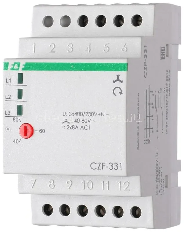 Фото Реле контроля и наличия фаз CZF-331 (монтаж на DIN-рейке 35мм; регулировка порога отключения; 3х400/230+N 2х8А 2P IP20) F&F EA04.001.008