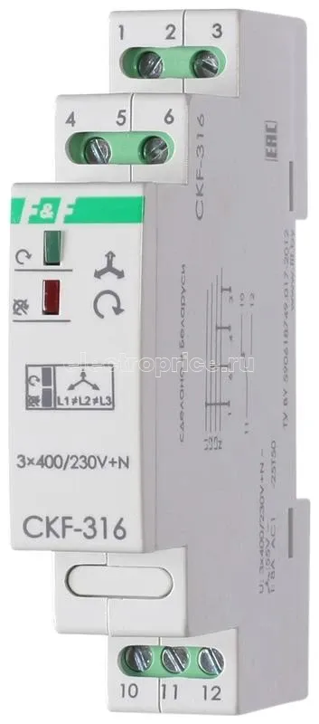 Фото Реле контроля наличия и чередования фаз CKF-316 (монтаж на DIN-рейке 35мм 3х400/230+N 8А 1P IP20) F&F EA04.002.005