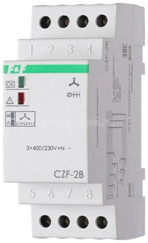 Фото Реле контроля наличия фаз CZF-2B (монтаж на DIN-рейке 35мм 3х400/230+N 8А 1Z IP20) F&F EA04.003.002