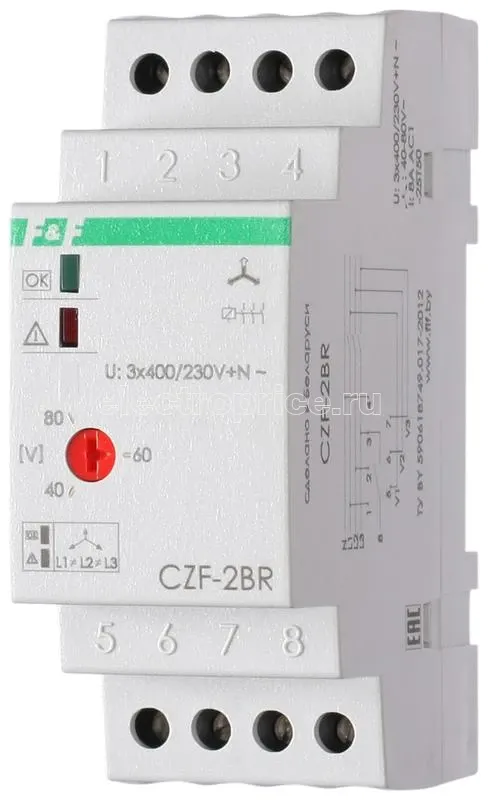 Фото Реле контроля наличия фаз CZF-2BR (монтаж на DIN-рейке 35мм; регулировка порога отключения; 3х400/230+N 8А 1Z IP20) F&F EA04.003.003