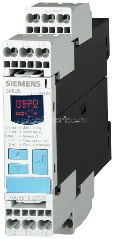 Фото Реле контроля чередования фаз 3X 160 до 690В AC 50 до 60Гц выпадения фазы несимметрии 0-20% снижения напряжения 160-690В гистерезис 1-20В задержка вкл. и откл. 0-20с 2 перекидных контакта пруж. клеммы Siemens 3UG46142BR20