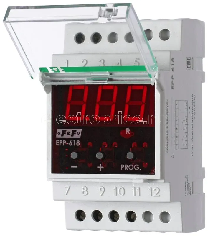 Фото Реле тока EPP-618 (многофункциональное; диапазон контролируемых токов 0.5-50А (с внешними трансформаторами тока более до 999А); монтаж на DIN-рейке 35мм 150-250В AC 16А 1P IP20) F&F EA03.004.007