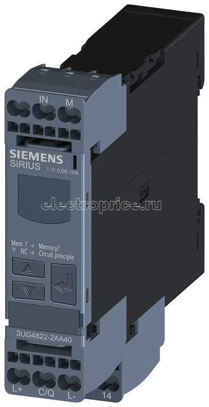 Фото Реле контроля цифровое контроль тока 225мм для IO-Link 0.05-100 A AC/DC повыш. и пониж. ток гистерезис 0.01-50А время задержки пуска время задержки срабатывания 1 перекл. контакт пруж. клеммы Siemens 3UG48222AA40