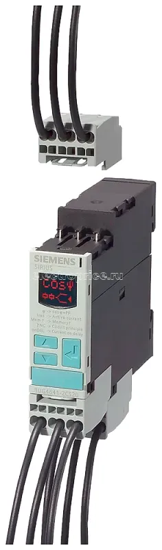Фото Реле контроля превышения или понижения cos-phi (цифровое параметрирование) напряж. от 90 до 690В AC 50 до 60Гц задержка откл. 0.1 до 20с гистерезис 0.1 до 2А 2 перекид. контакта авто- или ручной сброс пруж. клеммы Siemens 3UG46412CS20