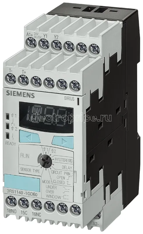 Фото Реле контроля температуры термоэлемент J; T; E; K; N2 пороговых значения цифровое -99 градусов c до 999 градусов c 24-240В AC/DC 2X 1П+1З ширина 45мм зажимы клетка-зажим Siemens 3RS11402GW60
