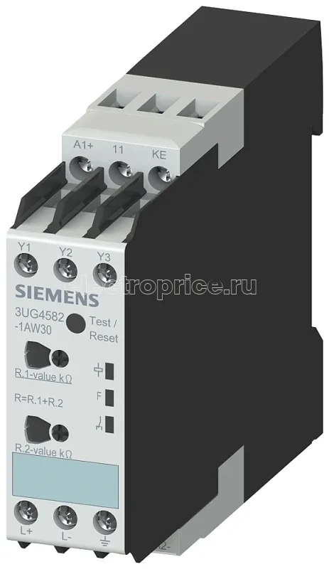 Фото Реле контроля изоляции для незаземленных сетей (it) до 250 в AC 15-400Гц и до 300 в DC диапазон измерений 1-100 ком управляющее напряжение AC/DC 24-240В 22.5мм 1п контакт винтовые клеммы Siemens 3UG45821AW30