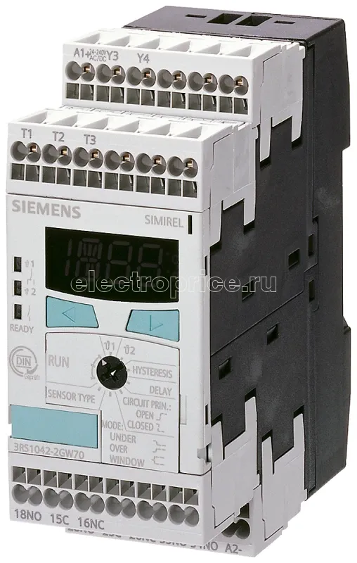 Фото Реле контроля /ограничения температуры согласно din 3440 PT100/1000 KTY83/84 NTC2 граничных значения цифровой -50град.C до 750град.C (в зависимости от датчика) AC/DC 24 до 240В 2X 1W+1НО ширина 45мм пруж. зажимы Siemens 3RS10422GW70