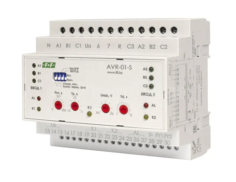 Фото Устройство управления резервным питанием AVR-01-S (2 ввода; 2 нагрузки с секционным выключ. 35мм 3х400В+N 3х16А 3P IP20 монтаж на DIN-рейке) F&F EA04.006.002