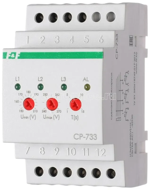 Фото Реле напряжения CP-733 (трехфазное; контроль нижнего (150-210В) и верхнего (240-270В) порога напряжения; отдельный контакт на каждую фазу; монтаж на DIN-рейке 35мм 3х400/230 N 3х8А 3х1Z IP20) F&F EA04.009.006