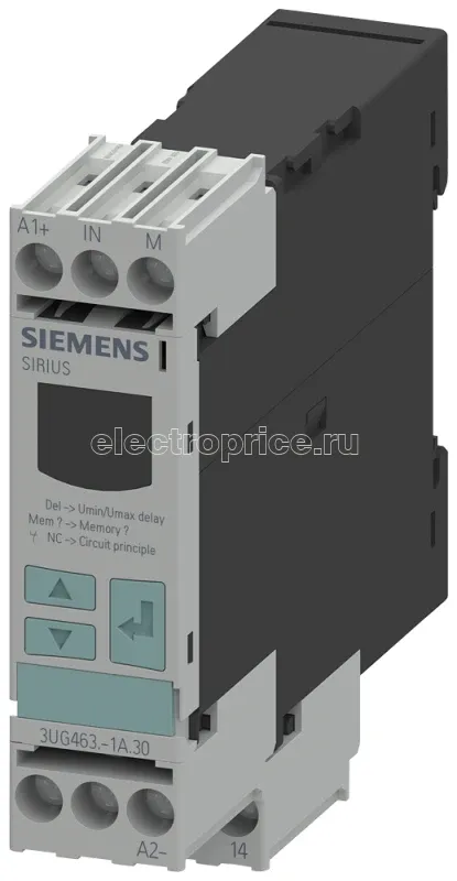 Фото Реле контроля напряжения электронное 22.5мм от 1 до 600В AC/DC превыш. и пониж. 24В AC/DC DC и AC 50 до 60Гц задержка всплеска 0 до 20с гистерезис 0.1 до 300В 1 перекидн. контакт с или без лога ошибок винт. клеммы Siemens 3UG46321AA30