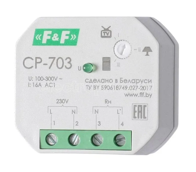 Фото Реле напряжения CP-703 (однофазный; контроль верхнего и нижнего значений напряжения установка в монтажную коробку d60мм; 150-300В 16А 1NO IP20) F&F EA04.009.011