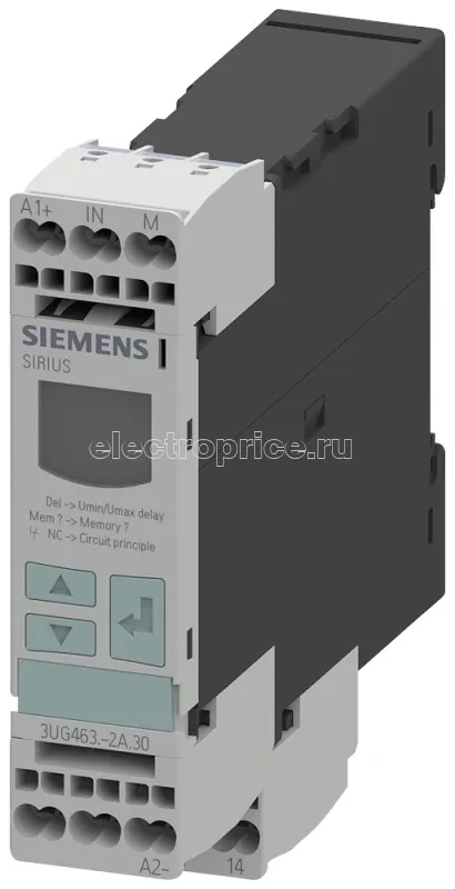 Фото Реле контроля напряжения электронное 22.5мм от 1 до 600В AC/DC превыш. и пониж. 24В AC/DC DC и AC 50 до 60Гц задержка всплеска 0.1 до 20с гистерезис 0.1 до 300В 1 перекидн. контакт с или без лога ошибок пруж. клеммы Siemens 3UG46322AA30