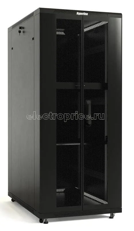 Фото Шкаф напольный TTB-3266-DD-RAL9004 19дюйм 32U 1610х600х600мм передн. и задн. распашн. перфор. двери (75%) ручка с замком; крыша нового типа черный (RAL 9004) (разобранный) Hyperline 396981