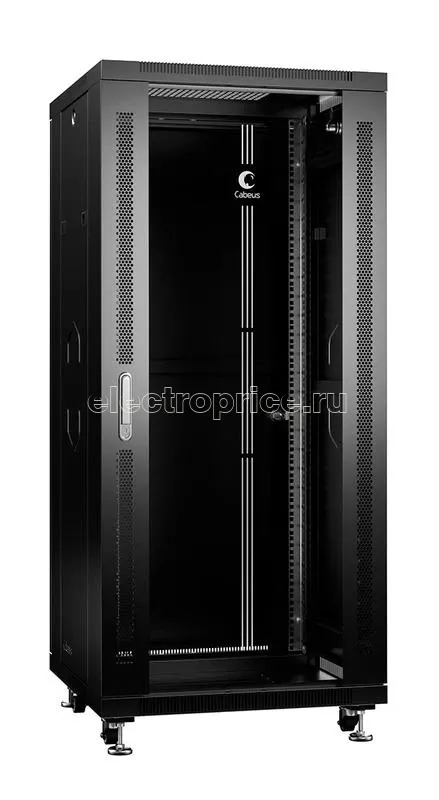 Фото Шкаф монтажный SH-05C-27U60/80-BK телекоммуникационный 19дюйм напол. для распред. и серверного оборуд. 27U 600х800х1388мм (ШхГхВ) перед. стекл. и задняя сплошная метал. двери ручка с замком (RAL 9004) черн. Cabeus 8573c