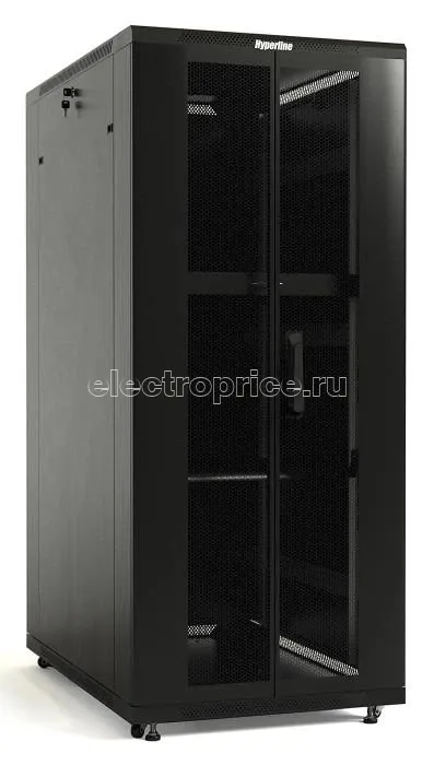 Фото Шкаф напольный TTB-2766-DD-RAL9004 19дюйм 27U 1388х600х600мм перед. и задн. распаш. перф. (75%) ручка с замком; крыша нов. типа черн. (RAL 9004) разобранный Hyperline 398706