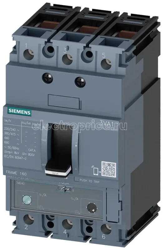 Фото Выключатель в литом корпусе 3п 3VA1 IEC 160 класс откл. спосбности M ICU=55кА 415В защита линии TM240 ATAM Siemens 3VA11105EF360AA0