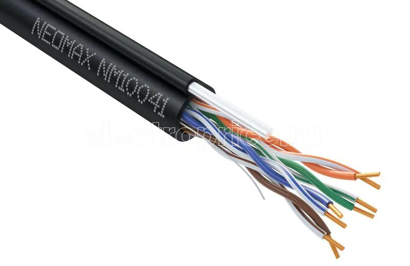 Фото Кабель витая пара U/UTP кат.5e 4х2х24AWG solid CU (0.50мм) PE + ТРОС OUTDOOR черн. (уп.305м) NEOMAX NM10041 1198420