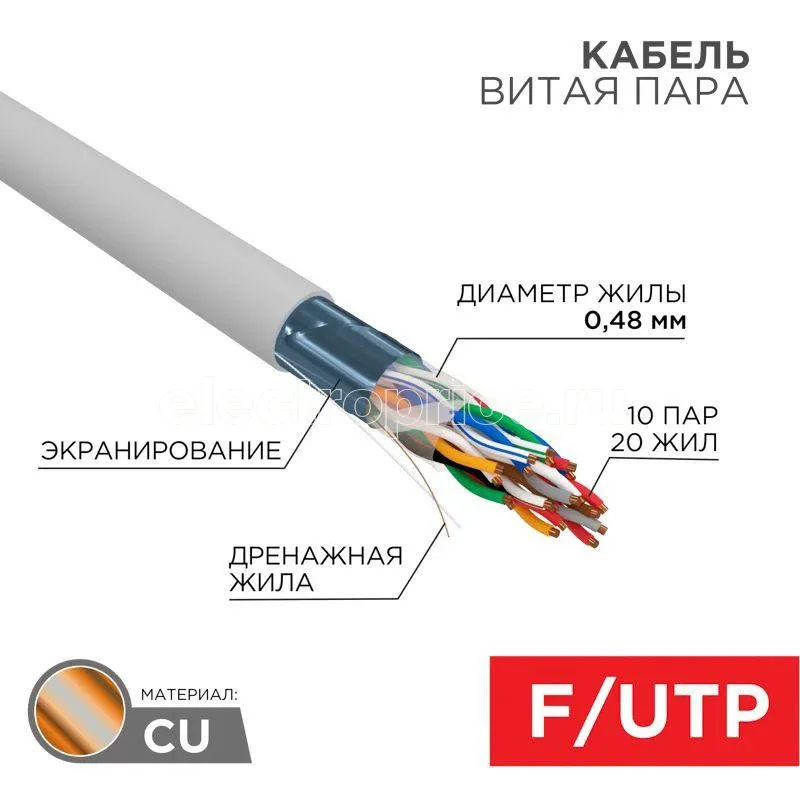 Фото Кабель витая пара F/UTP 10х2х24AWG кат.5 медь сер. 305м сер. (м) Rexant 01-1202