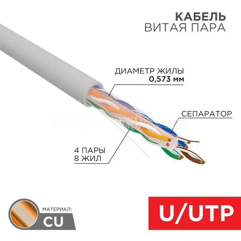 Фото Кабель витая пара U/UTP 4х2х24AWG кат.6 solid CU ZH нг(А)-HF Сер (уп.305м) Rexant 01-0067