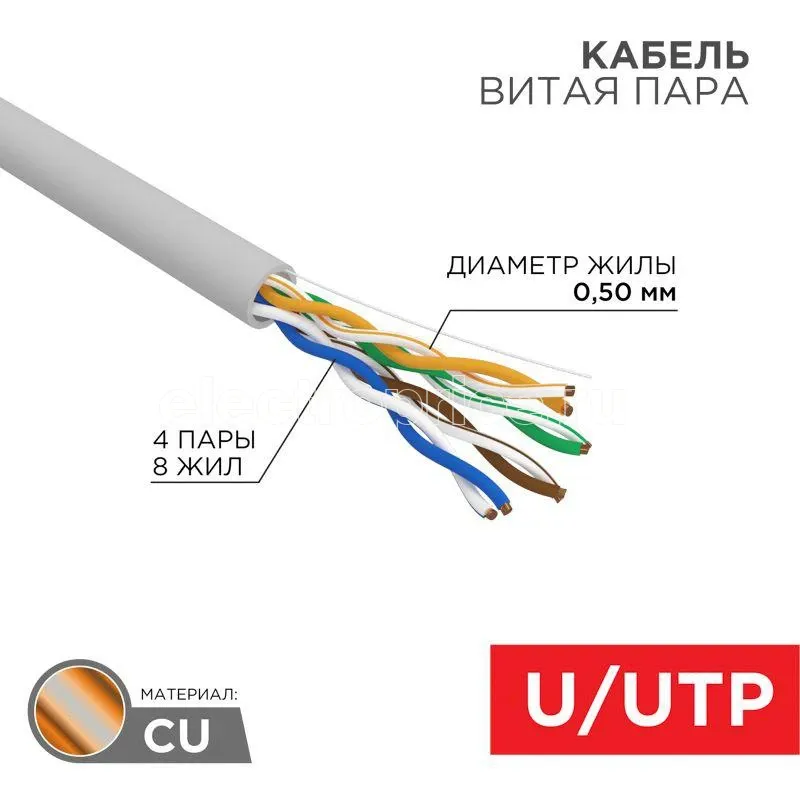 Фото Кабель витая пара U/UTP 4х2х24AWG кат.5e solid CU ZH нг(А)-HF Сер (уп.305м) Rexant 01-0069