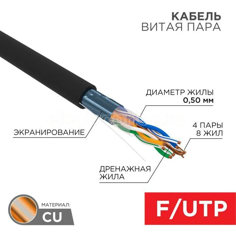 Фото Кабель витая пара F/UTP 4х2х24AWG кат.5е медь OUTDOOR черн. (уп.305м) (в коробке) (м) Rexant 01-0146-1