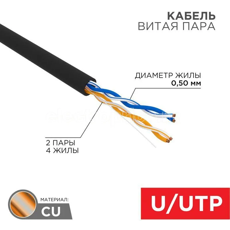 Фото Кабель витая пара U/UTP 2х2х24AWG кат.5е медь наружн. прокл. черн. 305м (м) Rexant 01-0025