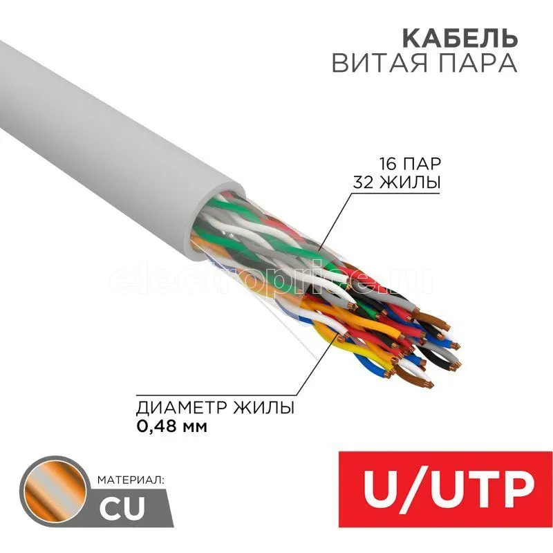 Фото Кабель витая пара U/UTP 16х2х24AWG кат.5 медь сер. 305м сер. (м) Rexant 01-1012