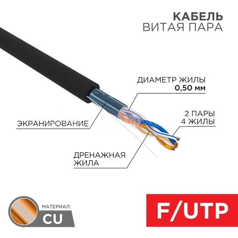 Фото Кабель витая пара F/UTP 2х2х24AWG кат.5е медь наружн. прокл. черн. 305м (м) Rexant 01-0124