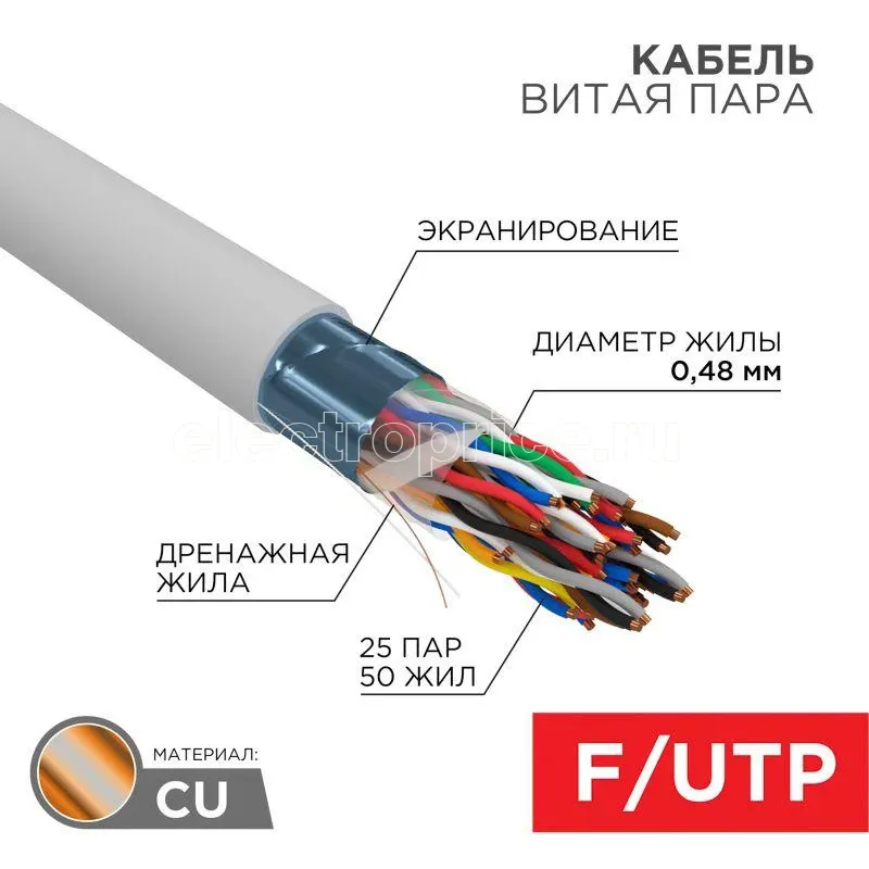 Фото Кабель витая пара F/UTP 25х2х24AWG кат.5 медь сер. 305м сер. (м) Rexant 01-1201