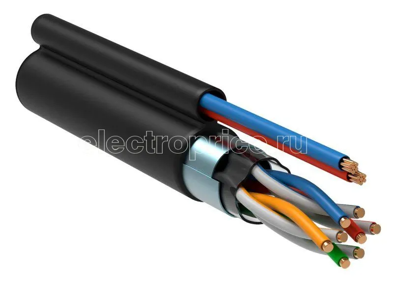 Фото Кабель связи витая пара F/UTP кат.5е 4пары 24AWG solid LDPE кабель питания 2х0.75кв.мм (305м) черн. (м) ITK LC3-C5E04-379