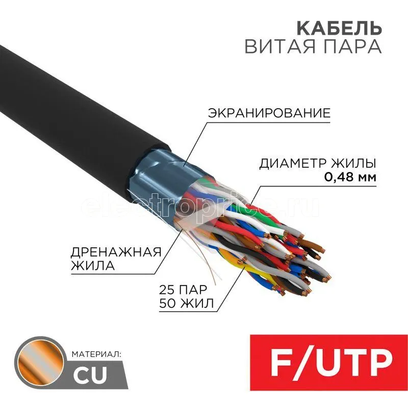 Фото Кабель витая пара F/UTP 25х2х24AWG кат.5 медь наружн. прокл. черн. 305м (м) Rexant 01-1203