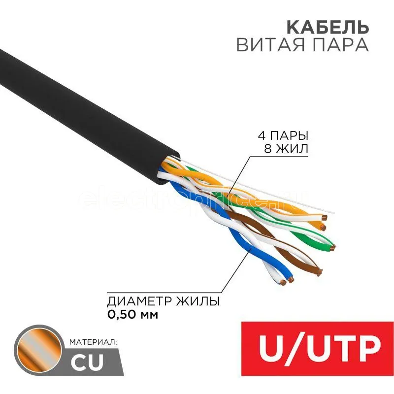 Фото Кабель витая пара U/UTP 4х2х24AWG кат.5e CU (медь) 100 МГц PE OUTDOOR черн. (уп.100м) Rexant 01-0045-100