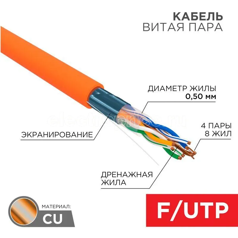 Фото Кабель витая пара F/UTP 4х2х24AWG нг(А)-HF кат.5E оранж. (м) Rexant 01-0150