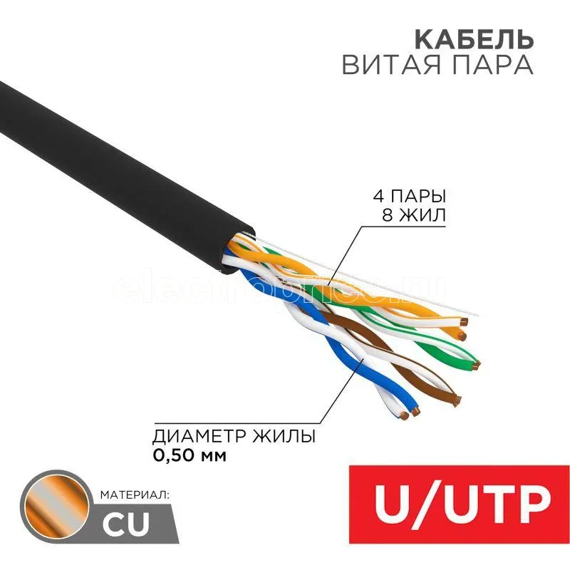 Фото Кабель витая пара U/UTP 4х2х24AWG кат.5е OUTDOOR черн. (уп.25м) Rexant 01-0045-25