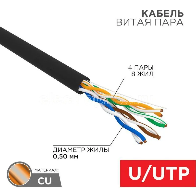 Фото Кабель витая пара U/UTP 4х2х24AWG кат.5е OUTDOOR черн. (уп.50м) Rexant 01-0045-50