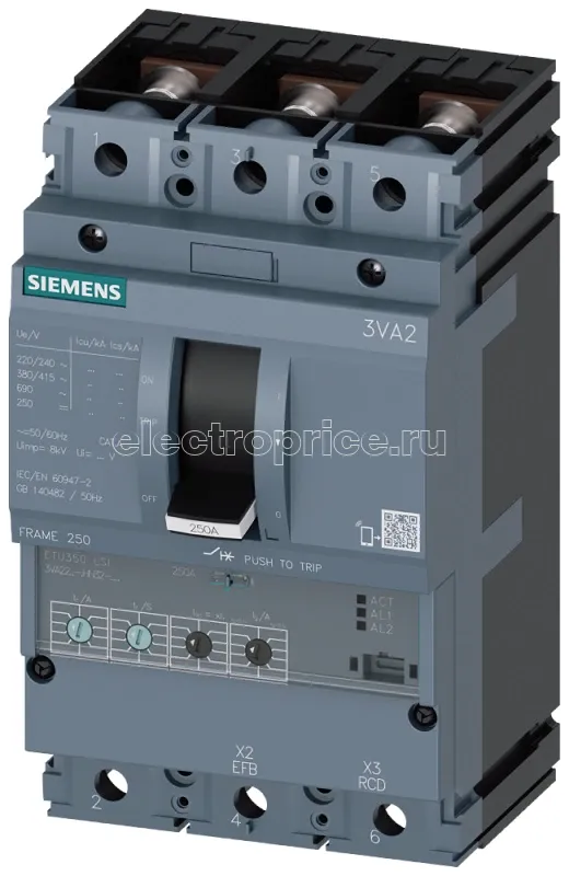 Фото Выключатель автоматический 3п 250А 55кА 415В AC 3VA2 IEC типоразмер 250 защита линии расцеп. ETU350 LSI откл. способность M литой корпус Siemens 3VA22255HN320AA0