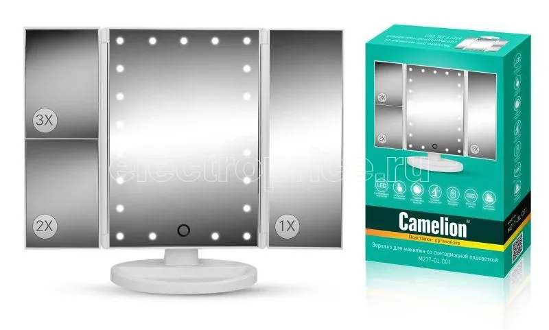 Фото Зеркало M217-DL C01 с LED подсветкой 1x/2x/3x увеличение дневной свет 5Вт 4хLR03/USB бел. Camelion 14005